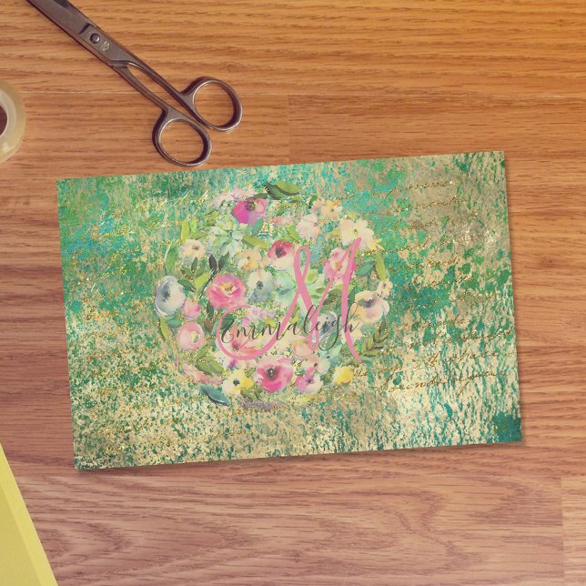 Floral Round Bouquet Monogram Green Gold Decoupage Seidenpapier (Von Creator hochgeladen)