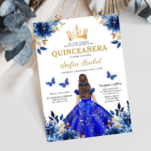 Floral Royal Blue Bilingual Spanish Quinceanera Einladung