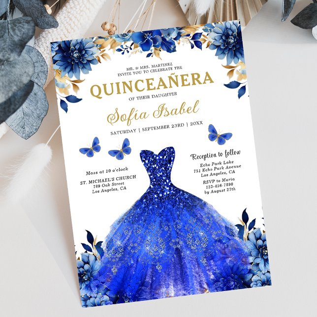 Floral Royal Blue Bilingual Spanish Quinceanera Einladung (Von Creator hochgeladen)