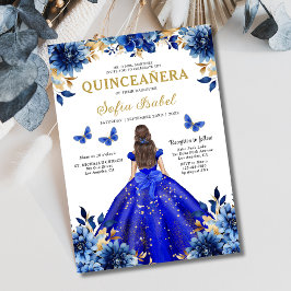 Floral Royal Blue Bilingual Spanish Quinceanera Einladung