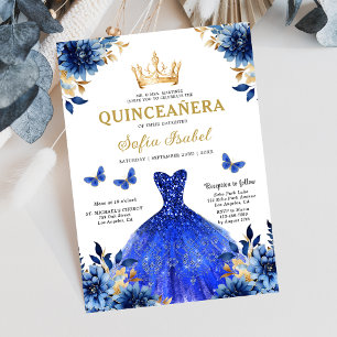 Floral Royal Blue Bilingual Spanish Quinceanera Einladung