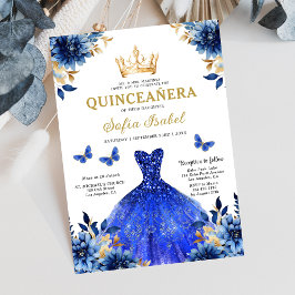 Floral Royal Blue Bilingual Spanish Quinceanera Einladung
