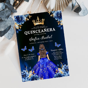 Floral Royal Blue Bilingual Spanish Quinceanera Einladung
