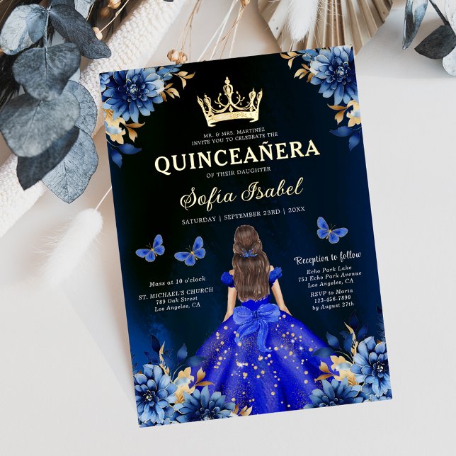 Floral Royal Blue Bilingual Spanish Quinceanera Einladung (Von Creator hochgeladen)