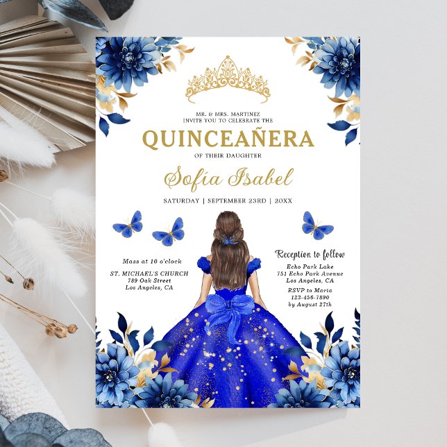 Floral Royal Blue Bilingual Spanish Quinceanera Einladung (Von Creator hochgeladen)