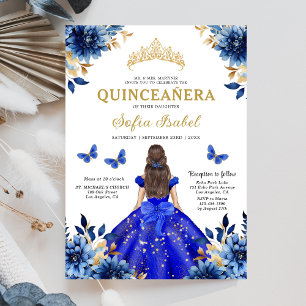 Floral Royal Blue Bilingual Spanish Quinceanera Einladung