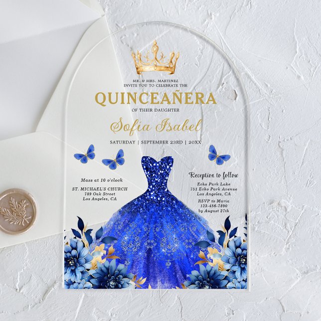 Floral Royal Blue Butterfly Princess Quinceanera Acryleinladungen (Von Creator hochgeladen)