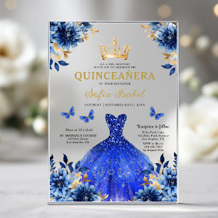 Floral Royal Blue Butterfly Princess Quinceanera Acryleinladungen