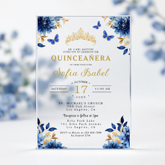 Floral Royal Blue Butterfly Princess Quinceanera Acryleinladungen