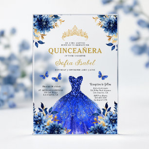 Floral Royal Blue Butterfly Princess Quinceanera Acryleinladungen