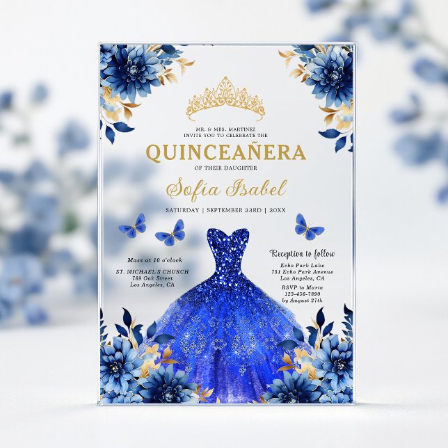 Floral Royal Blue Butterfly Princess Quinceanera Acryleinladungen (Von Creator hochgeladen)