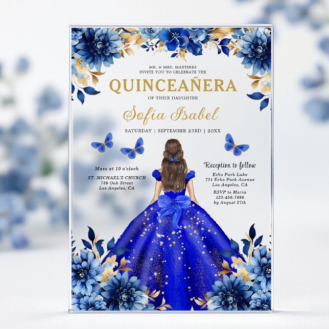 Floral Royal Blue Butterfly Princess Quinceanera Acryleinladungen (Von Creator hochgeladen)