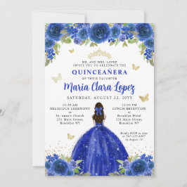 Floral Royal Blue Butterfly Princess Quinceanera Einladung