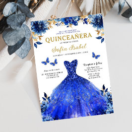 Floral Royal Blue Butterfly Princess Quinceanera Einladung