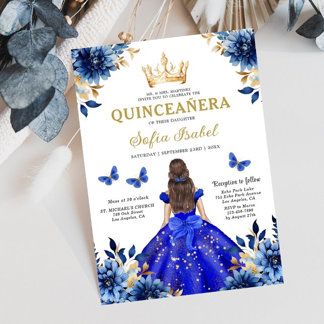 Floral Royal Blue Butterfly Princess Quinceanera Einladung (Von Creator hochgeladen)