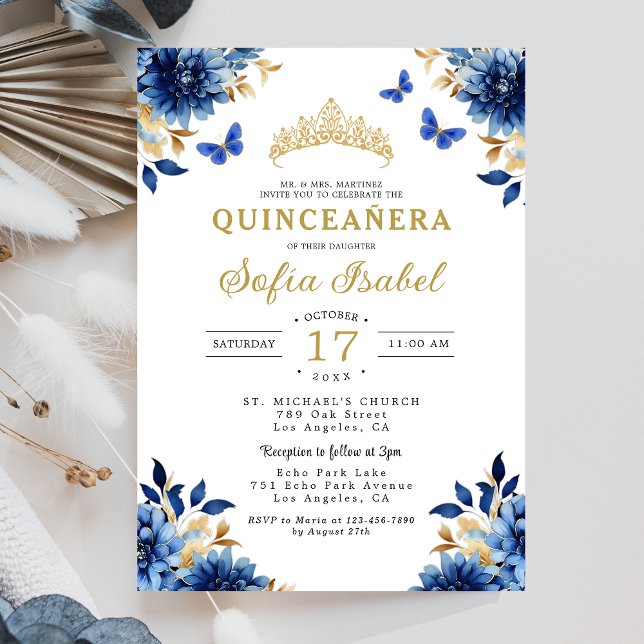 Floral Royal Blue Butterfly Princess Quinceanera Einladung (Von Creator hochgeladen)