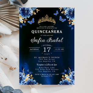 Floral Royal Blue Butterfly Princess Quinceanera Einladung