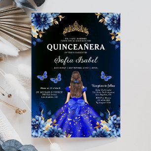 Floral Royal Blue Butterfly Princess Quinceanera Einladung