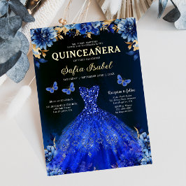 Floral Royal Blue Butterfly Princess Quinceanera Folieneinladung