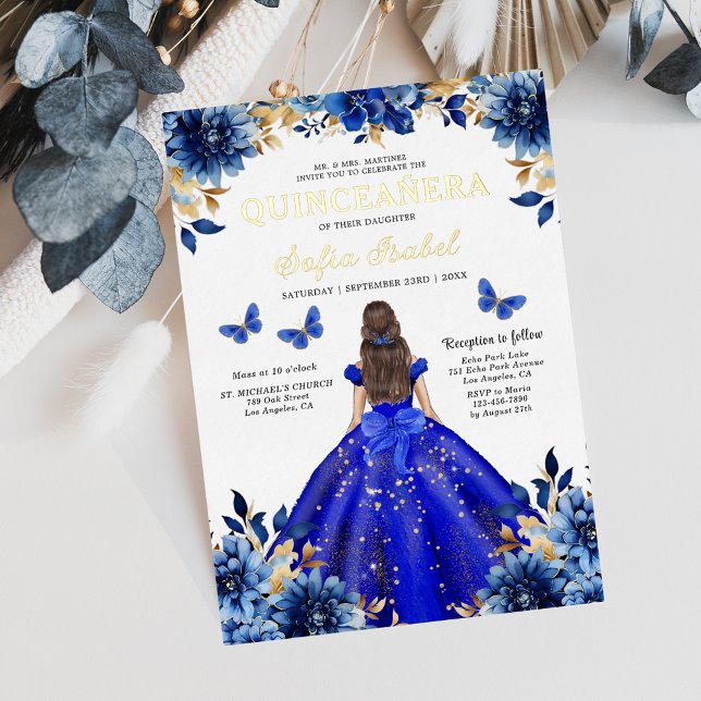 Floral Royal Blue Butterfly Princess Quinceanera Folieneinladung (Von Creator hochgeladen)