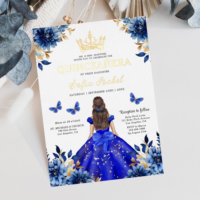 Floral Royal Blue Butterfly Princess Quinceanera Folieneinladung (Von Creator hochgeladen)