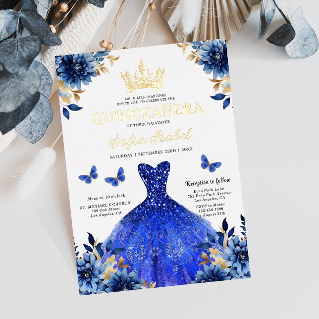 Floral Royal Blue Butterfly Princess Quinceanera Folieneinladung (Von Creator hochgeladen)