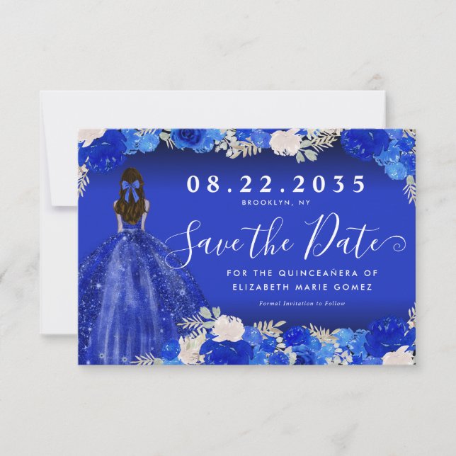 Floral Royal Blue Dress Birthday Quinceanera Save The Date (Vorderseite)