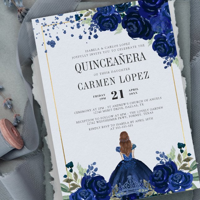 Floral Royal Blue Dress Budget Quinceanera Einladung (Von Creator hochgeladen)