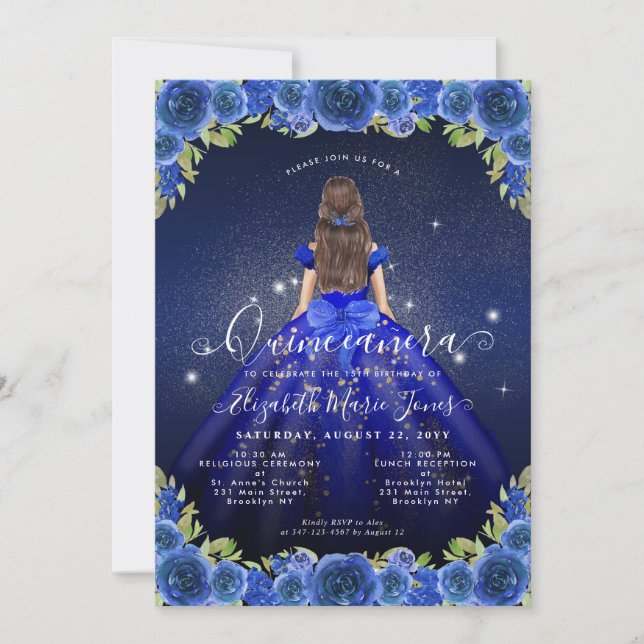 Floral Royal Blue Glam Princess Quinceanera Einladung (Vorderseite)