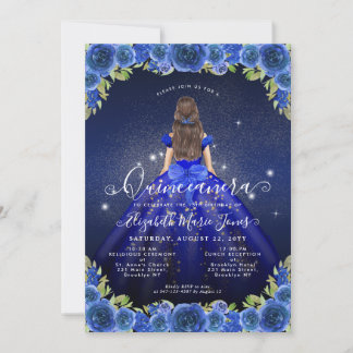 Floral Royal Blue Glam Princess Quinceanera Einladung