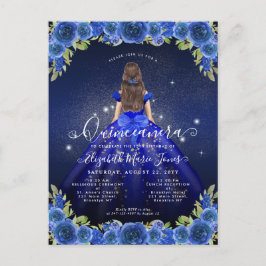 Floral Royal Blue Glam Princess Quinceanera Postkarte