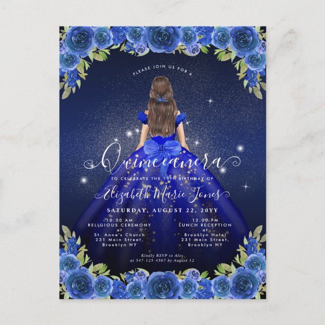 Floral Royal Blue Glam Princess Quinceanera Postkarte (Vorderseite)