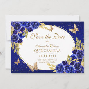 Floral Royal Blue Gold Butterfly Quinceanera Ankündigung