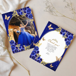 Floral Royal Blue Gold Butterfly Quinceañera Photo Dankeskarte