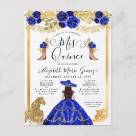 Floral Royal Blue Gold Charcess Princess Quinceane Einladungspostkarte