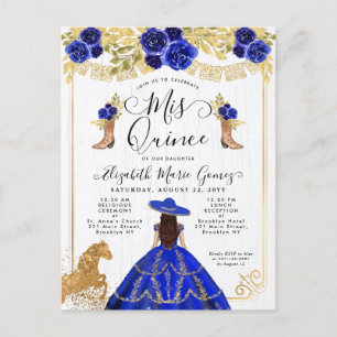 Floral Royal Blue Gold Charcess Princess Quinceane Einladungspostkarte