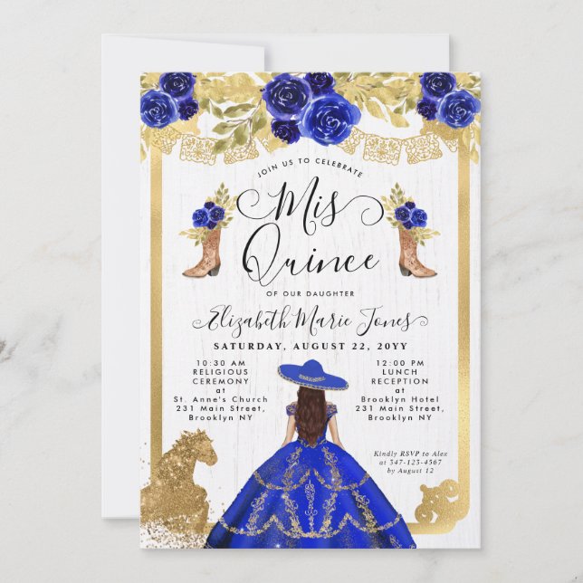 Floral Royal Blue Gold Horse Charra Quinceanera Einladung (Vorderseite)
