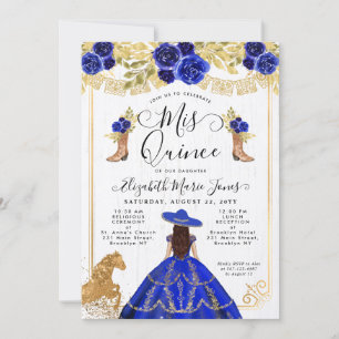 Floral Royal Blue Gold Horse Charra Quinceanera Einladung