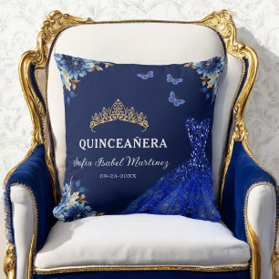 Floral Royal Blue Gold Princess Quinceanera Kissen