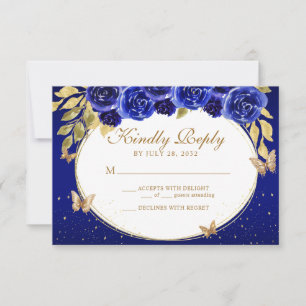 Floral Royal Blue Gold Tiara Butterfly Quinceañera RSVP Karte