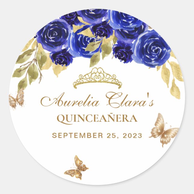 Floral Royal Blue Gold Tiara Butterfly Quinceañera Runder Aufkleber (Vorderseite)
