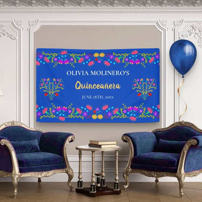 Floral Royal Blue Mexican Quinceanera Empfang Banner (Von Creator hochgeladen)