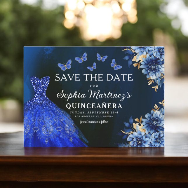 Floral Royal Blue Princess Birthday Quinceanera Save The Date (Von Creator hochgeladen)