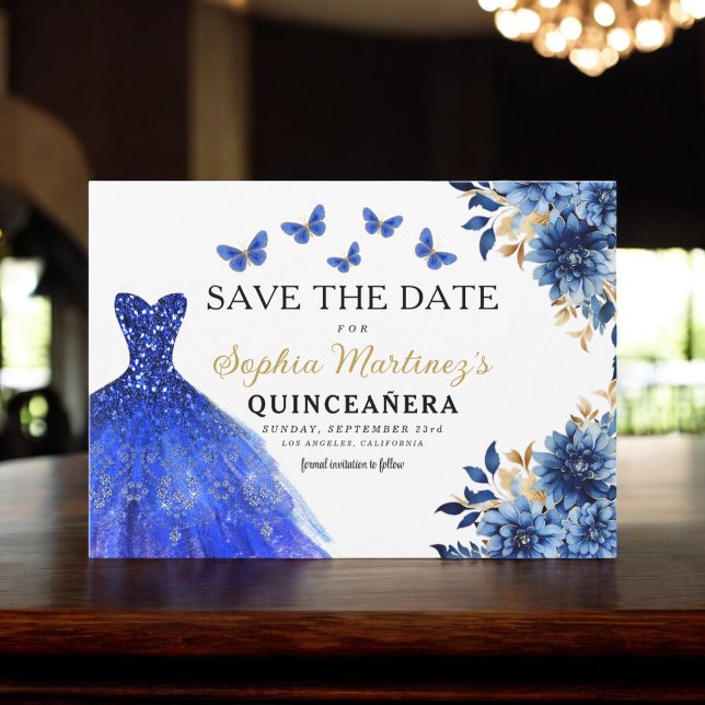 Floral Royal Blue Princess Birthday Quinceanera Save The Date (Von Creator hochgeladen)