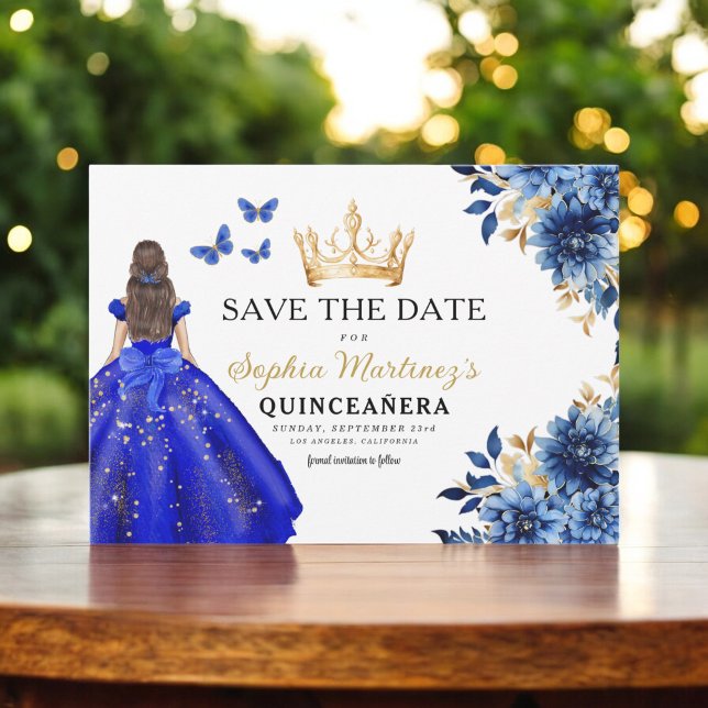 Floral Royal Blue Princess Birthday Quinceanera Save The Date (Von Creator hochgeladen)