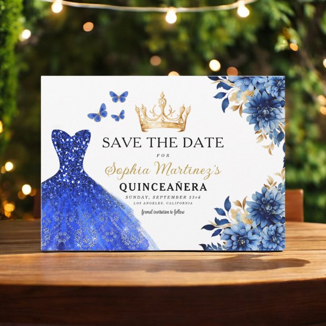 Floral Royal Blue Princess Birthday Quinceanera Save The Date (Von Creator hochgeladen)
