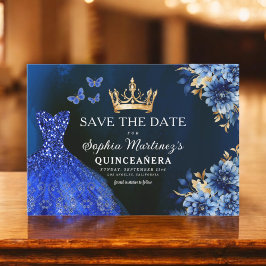 Floral Royal Blue Princess Birthday Quinceanera Save The Date