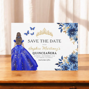 Floral Royal Blue Princess Birthday Quinceanera Save The Date