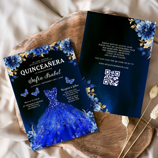 Floral Royal Blue QR Code Princess Quinceanera Einladung (Von Creator hochgeladen)
