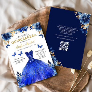 Floral Royal Blue QR Code Princess Quinceanera Einladung